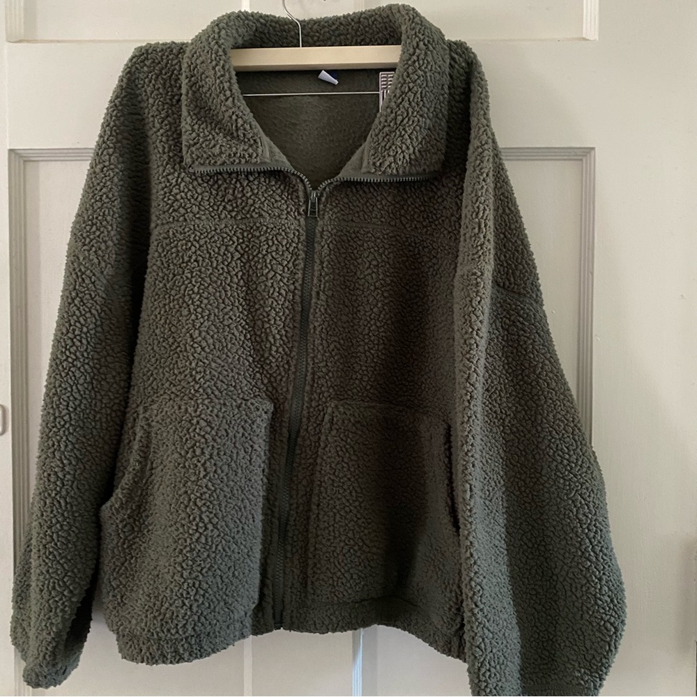 Old Navy Forest Green Sherpa Teddy Jacket, Full Zip Front - Women’s XL